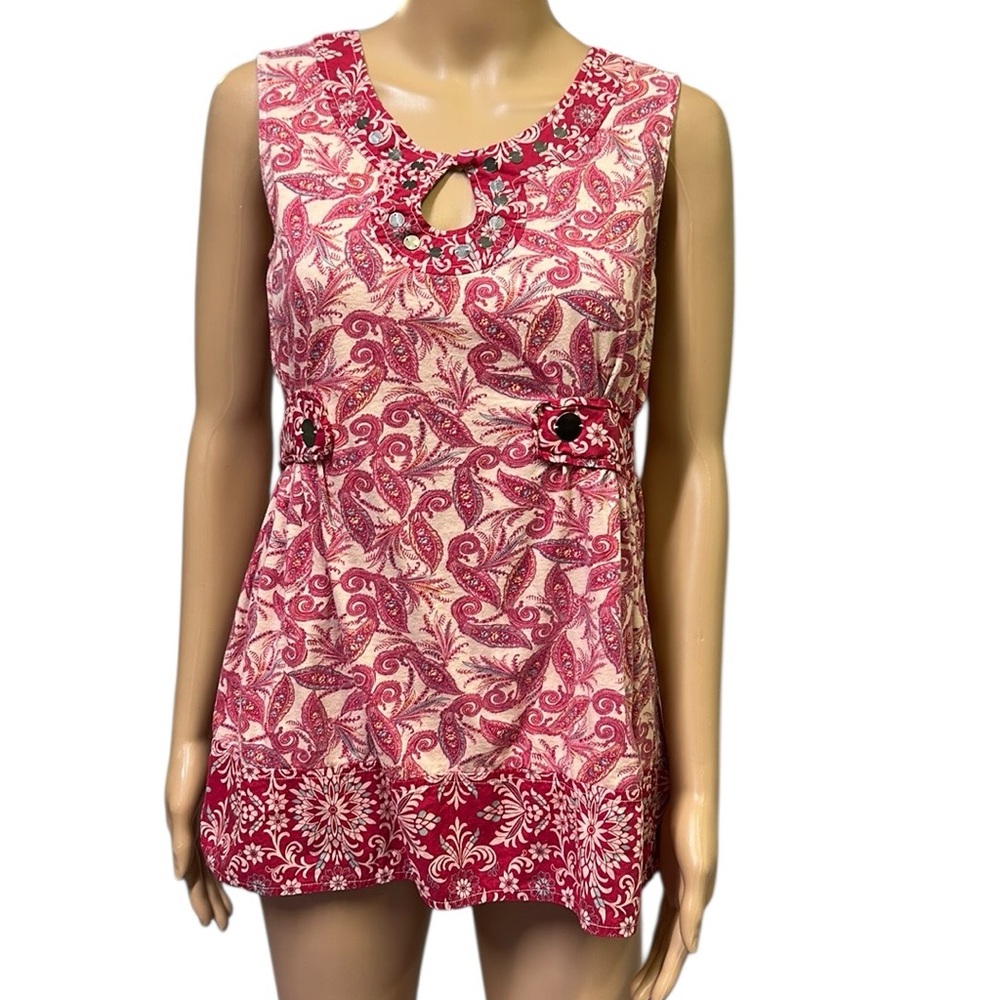 One World Cotton Paisley Print Sleeveless Embellished Tunic Top Blouse Womens S